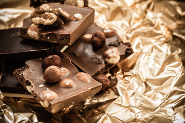 different sorts chocolate and hazelnuts
