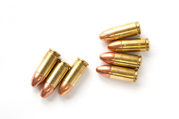 9mm bullet for a gun isolated on white background.