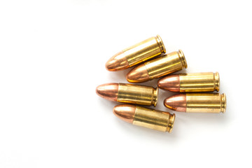 9mm bullet for a gun isolated on white background.