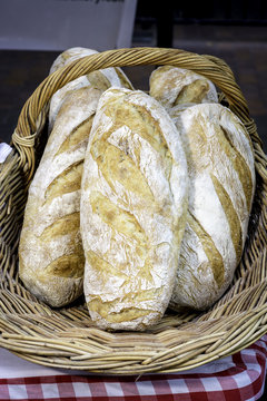Fresh baket bread in a basket at the market