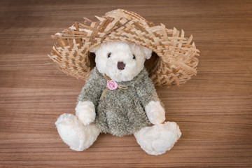 Toy teddy bear and hat on wooden background