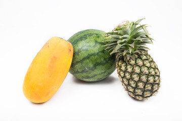 watermelo and pineapple and papaya on white background