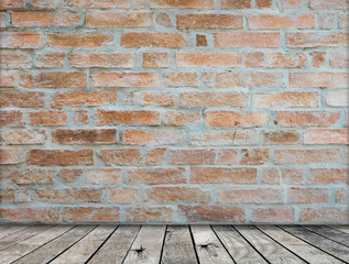 Brick wall on wood floor Room interior modern style, Template for product display. empty space.