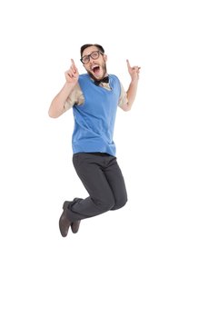 Happy nerd jumping up and pointing