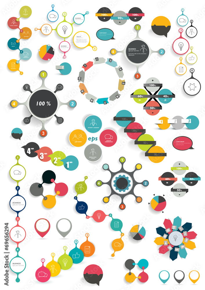 Poster collection of colorful round info graphics diagrams.