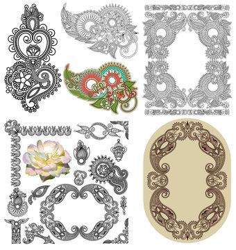 Vector set of calligraphic design vintage frame and flower, bla