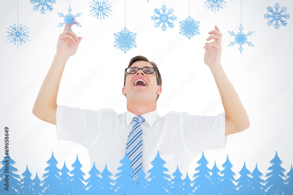 Poster composite image of geeky happy businessman with arms up