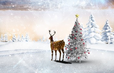 Composite image of christmas tree and reindeer