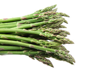 Fresh green asparagus on a white background.