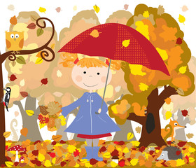 forest animals, child with red umbrella- vectors