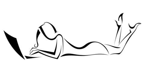 Black silhouette of the girl lying, looking at laptop. vector il