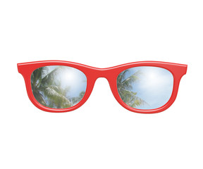 red vintage sun glasses with palm and sun reflection