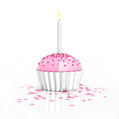 silver birthday chocolate cupcake with candle and confetti