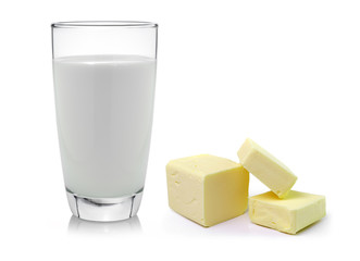 Fresh butter and milk isolated on white background