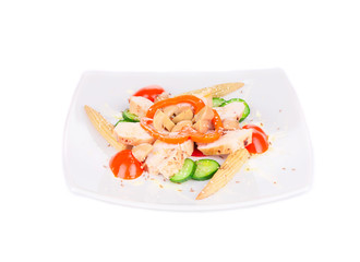 Close up of meat salad with vegetables.