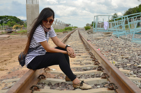 Portrait thai woman at railway train bangkok Thailand