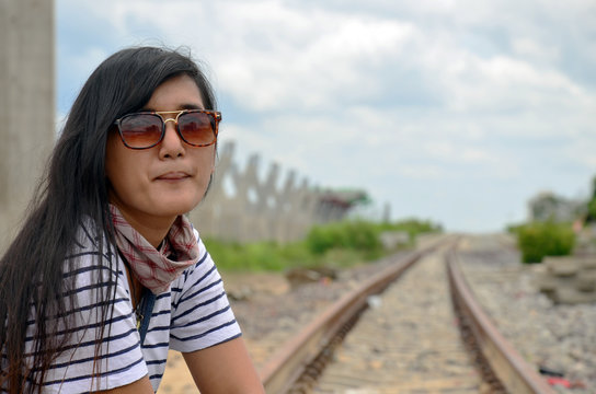 Portrait thai woman at railway train bangkok Thailand