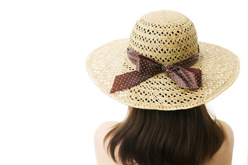 Woman in straw hat isolated on white background