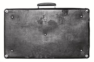old shabby black suitcase on a white background