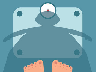 Fat man measuring weight on bathroom scale, vector
