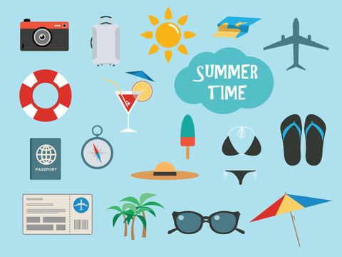 Summer time set with vacation accessories or icons