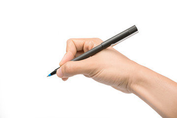 Hands with pen over paper isolated on white background