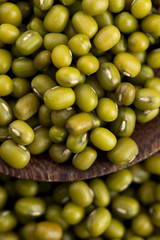 Mung beans over wooden spoon