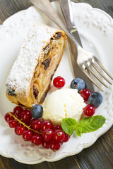 Plate with apple strudel.