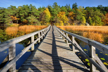 Krajobraz wiejski, drewniany mostek nad jeziorem