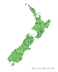 A vector outline of New Zealand in a pixel art style