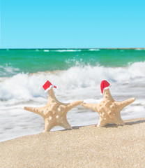 Fototapeta na wymiar Sea-stars couple in santa hats walking at sea beach.