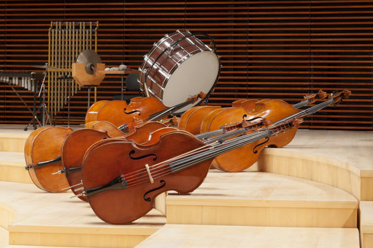 Violins, Music instruments on a stage.