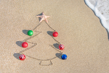 Fototapeta na wymiar Christmas tree contour with decorations, star and wave