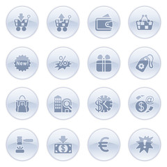 Commerce icons on blue buttons.