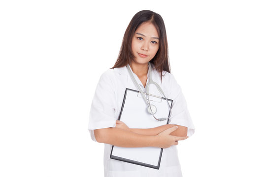 Asian young female doctor hold a clipboard