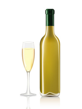 Wine bottle and wine glass on white