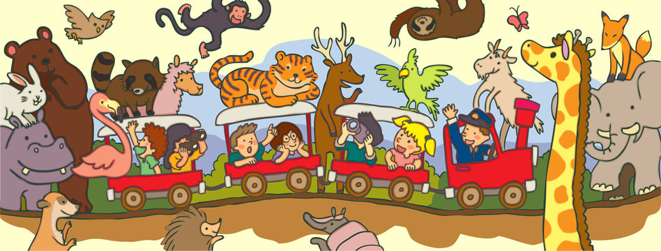 Kids travel through safari by train with black line drawing