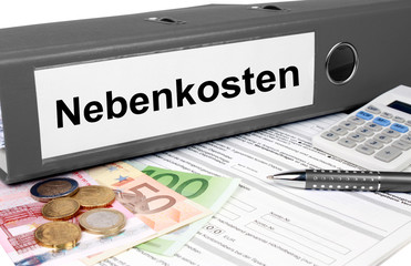 Nebenkostenordner mit Geld und Taschenrechner, grau