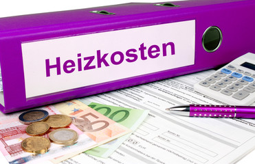 Heizkosten Ordner mit Geld und Taschenrechner, lila