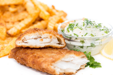 Salmon Fillet with Chips isolated on white