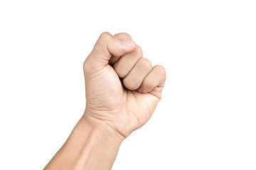 hand - raised up clenched fist, isolated on white background
