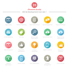 Set of Round Long Shadow SEO and Development icons Set 1