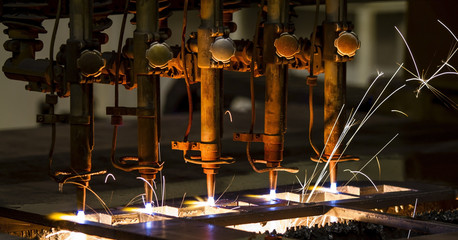 CNC LPG cutting with sparks close up
