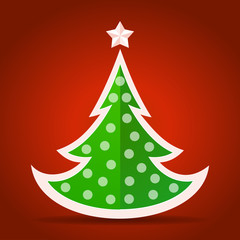 Abstract flat green Christmas tree on red background