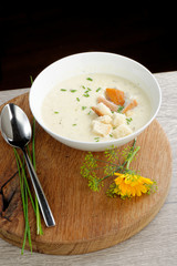 Cheese soup with salmon. Selective focus