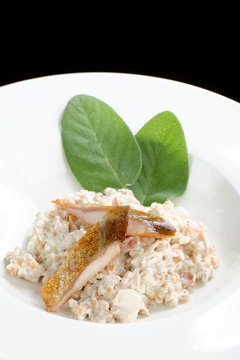 Brown rice risotto with smoked fish and cream sauce