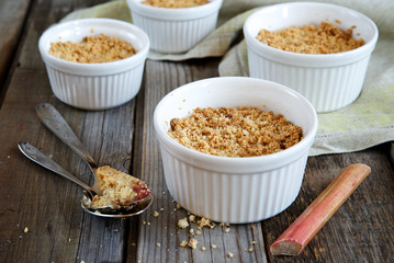 Crumble cake with rhubarb in a baking dish