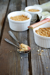 Crumble cake with rhubarb in a baking dish
