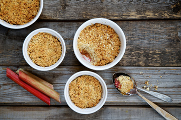 Crumble cake with rhubarb in a baking dish