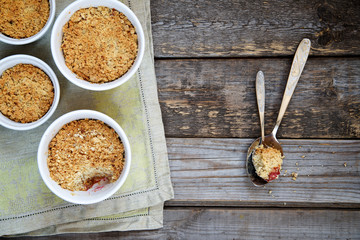 Crumble cake with rhubarb in a baking dish